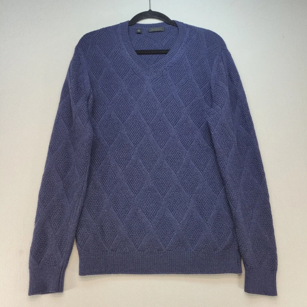Saks Fifth Ave V-Neck Sweater Mens Medium Blue Italy 100% Wool Diamond Knit
